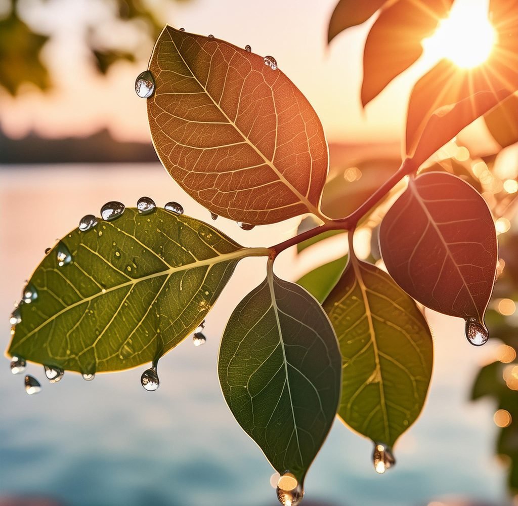 a leaves and water droplets on its.